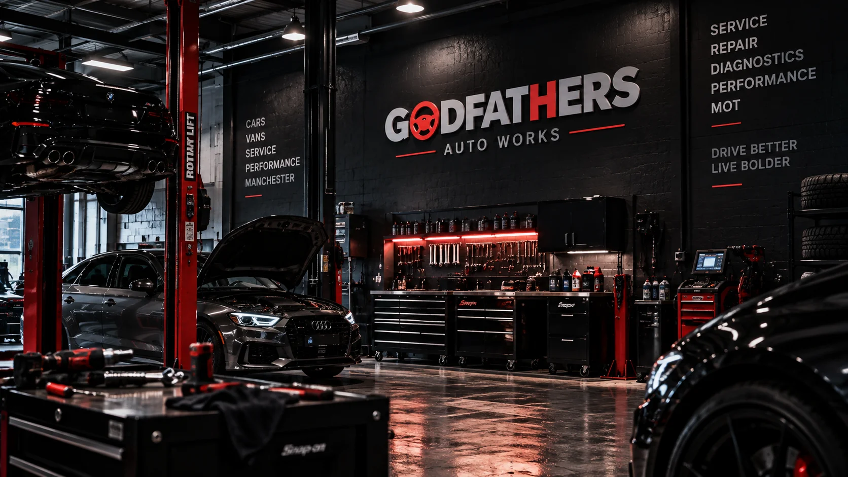 A car in the Godfathers Auto Works garage